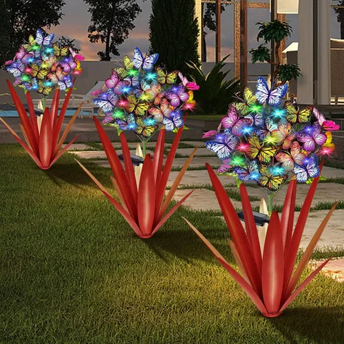 Vista 10 de Homight Escultura Solar de Metal Agave Mariposa Flor en Palo para Jardín - Regalo al Aire Libre, Luces de Navidad - Luces de Jardín de Mariposas