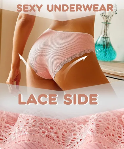 Vista 2 de FINETOO Ropa interior de algodón para mujer, sexy, de encaje, de tiro bajo, suave, elástico, de algodón, hipster, paquete de 4