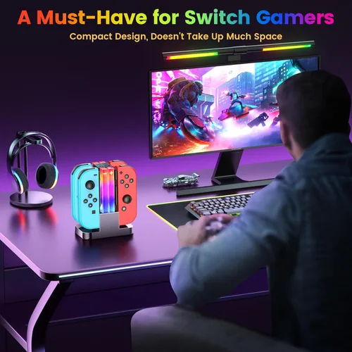 Vista 6 de Base de carga para controlador de interruptor compatible con Nintendo Switch para Joycons y modelo OLED con 6 modos de luz RGB, estación de carga