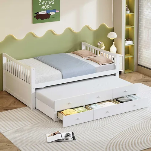 Vista 9 de Cama de almacenamiento de plataforma de tamaño individual, sofá cama individual de madera maciza con 6 cajones de almacenamiento, gris