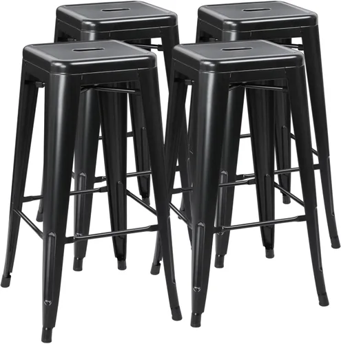 Vista 11 de Yaheetech Juego de 4 taburetes de metal de 24 pulgadas, taburetes sin respaldo de altura de mostrador, sillas de bar apilables industriales con Negro