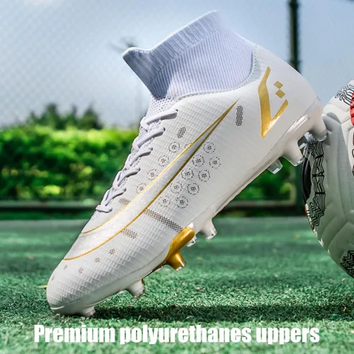 Vista 6 de HHY Botines de fútbol para hombre, zapatos de fútbol de caña alta, antideslizantes, para interiores y exteriores, césped firme, botas de combate