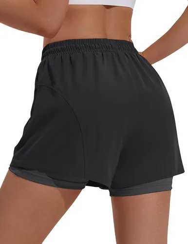 Vista 2 de PINSPARK Pantalones cortos deportivos para mujer, de cintura alta, pantalones cortos de entrenamiento 2 en 1, pantalones cortos para correr