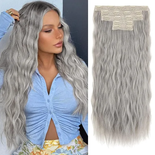 Vista 34 de REECHO Extensiones de cabello con clip, 5 piezas, de 24 pulgadas, de color rubio ceniza, extensiones de cabello con ondas largas y sueltas, HE002