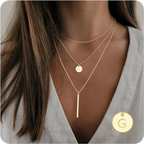 Vista 2 de Gold Initial Layered Necklaces for Women, 14K Gold Plated Coin Letter Necklace Skinny Bar Stacking Necklace Coin Necklace Layer Necklace Multi Bar
