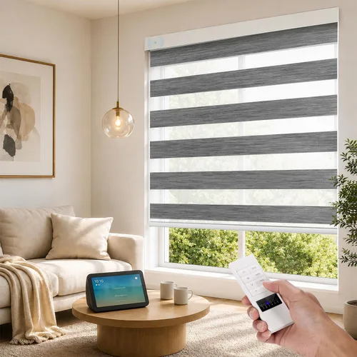 Vista 10 de ACMEART Persianas motorizadas de cebra con control remoto, persianas automáticas de doble capa, persianas eléctricas opacas para oficina del hogar