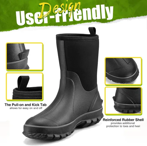Vista 5 de TIDEWE Botas de goma para hombre, botas de lluvia aisladas de neopreno de 0.217in con vástago de acero, botas de caza impermeables de media