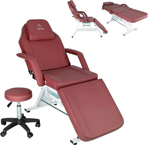 Vista 16 de Silla facial, silla de tatuaje de 73 pulgadas para cliente, mesa de masaje ajustable de 3 secciones con taburete, camas de belleza multiusos