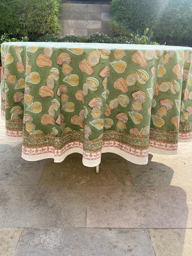 Vista 16 de Mantel redondo con estampado de bloque a mano, 100% algodón, reutilizable, color verde espárragos, 60 pulgadas, mantel decorativo para uso diario