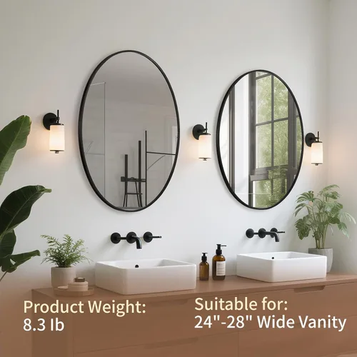 Vista 2 de Espejo ovalado negro para baño, espejo de baño ovalado de 22 x 30 pulgadas con marco de metal cepillado, espejo de tocador decorativo montado
