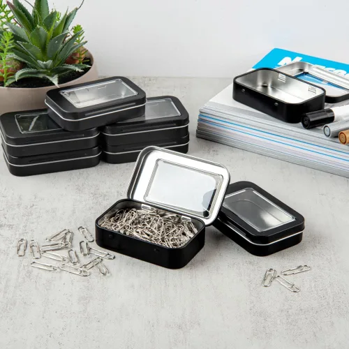 Vista 3 de Restaurantware RW Base - Recipientes rectangulares de lata de 4.5 onzas, 100 cajas de lata duraderas con tapas, tapas transparentes para ventana