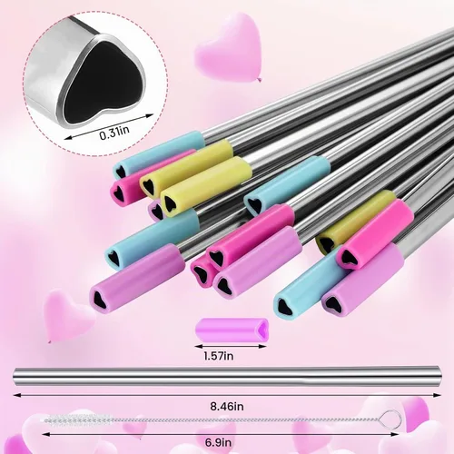 Vista 2 de Jutom Paquete de 8 pajitas de metal con forma de corazón, reutilizables, de acero inoxidable con puntas de silicona, lindas con 2 cepillos de Varios