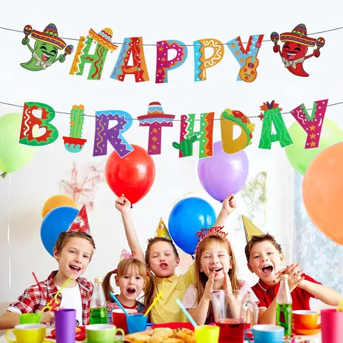 Vista 3 de Juego de 2 pancartas mexicanas de feliz cumpleaños, guirnalda de fiesta de cumpleaños, decoración de fondo para fiesta temática mexicana, fiesta