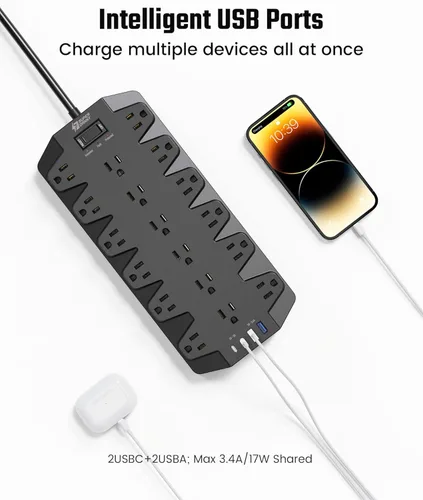 Vista 6 de SUPERDANNY Lámpara LED de escritorio con 18 tomas de corriente, protector de sobretensiones con puertos USB, cable de extensión resistente