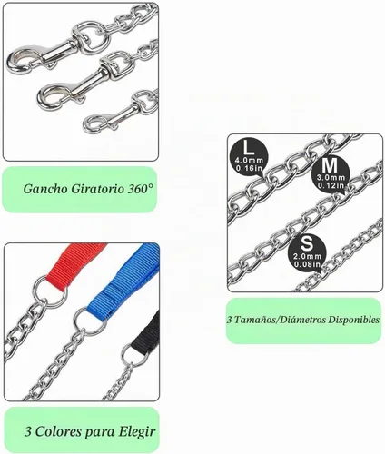 Vista 6 de Correa de cadena de metal chapado en cromo con mango acolchado suave para perros pequeños (S, mango negro)