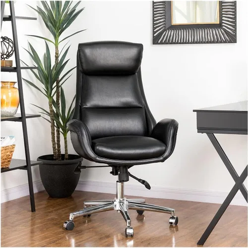Vista 3 de Glitzhome Mid-Century Modern Air Leatherette Silla de trabajo ajustable giratoria con respaldo alto, silla de oficina para computadora con Negro