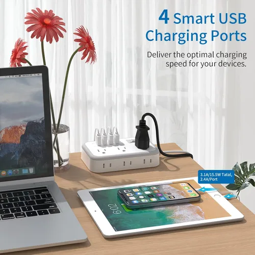 Vista 7 de NTONPOWER - Paquete de tira de alimentación de cable de extensión larga, regleta de enchufe plano de 25 pies con 3 tomas, 3 puertos USB, regleta