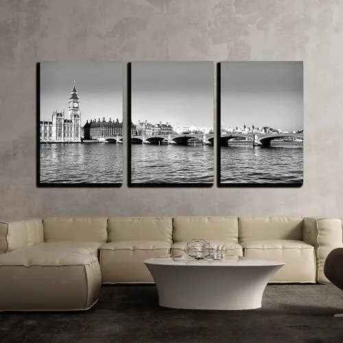 Vista 20 de wall26 - Arte de pared en lienzo de 3 piezas - Vista de la isla de Poros, Grecia y barco en blanco y negro - Arte moderno para el hogar estirado