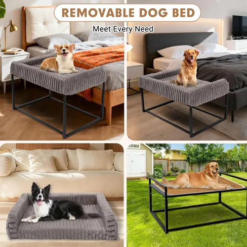 Vista 7 de Cama ajustable para perros grandes, cama elevada para perros con marco de metal, colchón de espuma viscoelástica y funda de pana lavable, cama