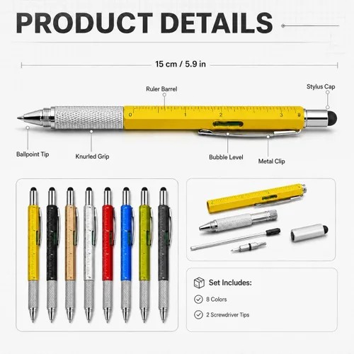 Vista 3 de MROOFUL 8 Pack Multitool Pens with Ruler, Bubble Level and Stylus Tip, Refillable Metal Ballpoint Utility Pens with 20 Black Ink Refills for Office