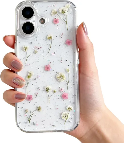 Vista 12 de Funda floral para iPhone 17 con flores reales prensadas, bonito diseño de flores secas prensadas transparentes con purpurina para mujer, suave TPU