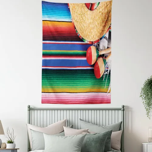Vista 5 de Lunarable Tapiz mexicano, impresión temática de cultura mexicana de un sombrero de maracas y serape, alfombra de arte popular, decoración de tela