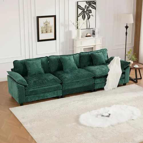Vista 323 de Sofá seccional modular verde de 111.5", sofás seccionales grandes de 3 plazas para sala de estar, sofá nube oversized de tela chenille con otomana