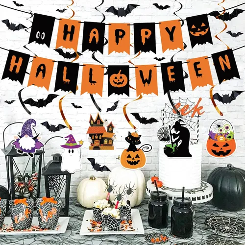 Vista 5 de Juego de decoraciones de Halloween para interiores – Decoración festiva de Halloween, pancarta colgante de remolinos y telaraña, camino de mesa