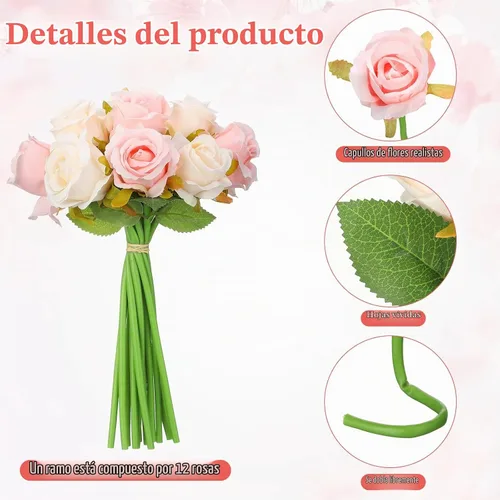 Vista 3 de Jexine - 120 rosas artificiales de seda a granel, color rosa y blanco