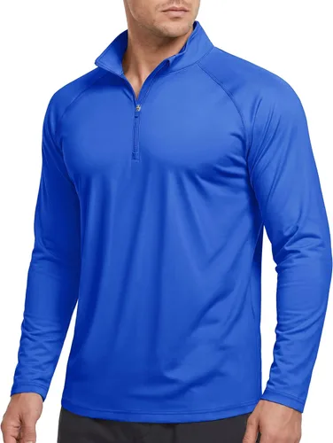 Vista 19 de CRYSULLY Camiseta de manga larga con cremallera de 1/4 para hombre, con protección solar, pullover UPF 50+, rash guard para correr, camiseta ligera