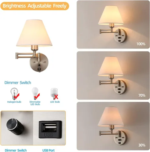 Vista 2 de Apliques de pared con brazo oscilante, lámpara de pared enchufable, lámpara de pared para dormitorio, pantalla de tela blanca, con interruptor Níquel