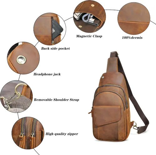 Vista 4 de Caballo loco grueso cuero triángulo Crossbody Sling bolsa de pecho viaje un bolso de hombro Daypack para hombres hombres 3028