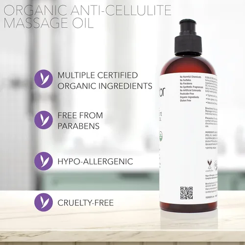 Vista 6 de PURA D'OR Aceite de masaje anticelulítico orgánico de 16 onzas para piernas tonificadas y glúteos, cáscara de limón, moringa, semilla de uva, pomelo