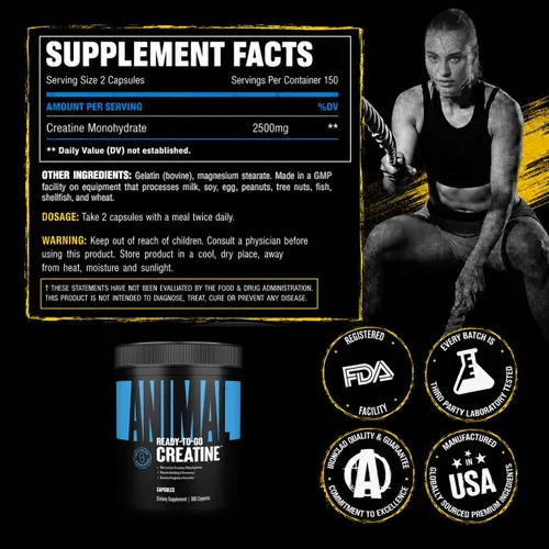 Vista 8 de Animal Cápsulas de Monohidrato de Creatina Micronizada - 300 Cápsulas, 2500mg por Porción para Apoyar el Crecimiento Muscular, Resistencia