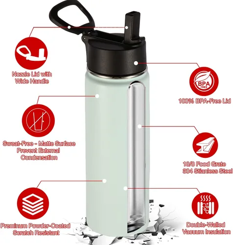 Vista 5 de Volhoply Botellas de agua aisladas de 22 onzas con tapa con popote, botella deportiva de acero inoxidable con asa, tazas de agua de metal al vacío