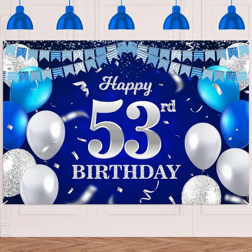 Vista 26 de Bandera de feliz primer cumpleaños con fondo azul marino, globos, confeti, bandera de rayas, luces de puntos, felicitaciones por el tema de 1 año