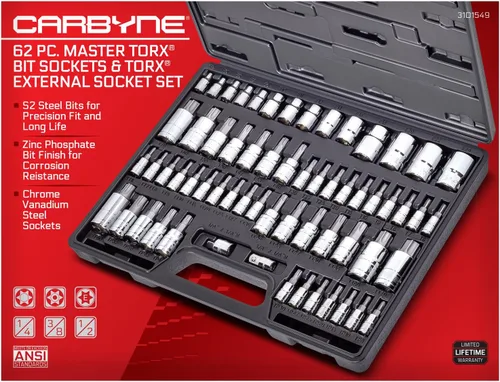 Vista 2 de CARBYNE Juego de 62 piezas Master Torx Bit Socket Set & Torx Socket Externo Set Y 12 piezas Super Short Torx Bit Socket Set (T-10 a T-60). 74 piezas