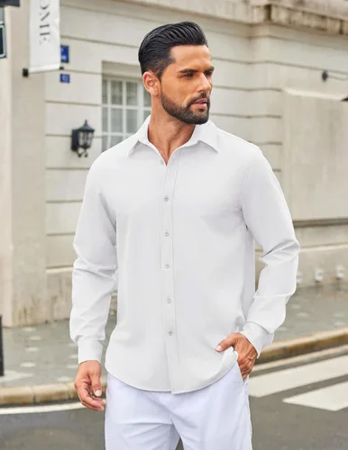 Vista 52 de COOFANDY Camisa de vestir casual de mezclilla con botones y manga larga para hombre