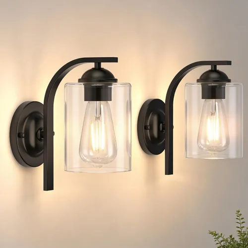 Vista 27 de Juego de 2 apliques de pared, lámparas de baño cableadas, iluminación de pared moderna para tocador de baño con pantalla de vidrio transparente