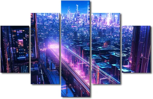Vista 104 de Póster de 5 paneles en lienzo para decoración de pared, diseño de centro urbano Cyberpunk, impresión moderna, decoración de pared para el hogar