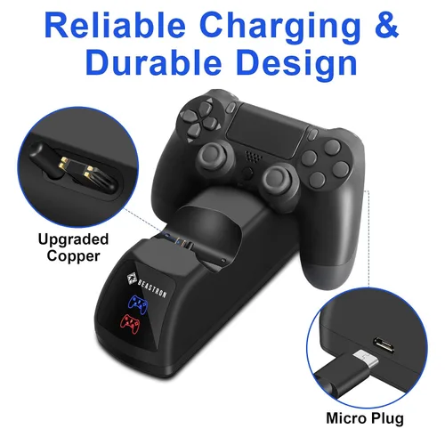 Vista 5 de Beastron - Estación de carga dual USB para controlador Sony PS4, base de carga dual con indicador de luz LED, compatible con Playstation 4 PS4
