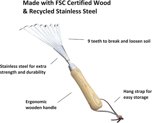 Vista 2 de Garden Guru - Rastrillo de mano ecológico, 100% acero inoxidable reciclado, resistente a la corrosión, mango ergonómico de madera certificado FSC