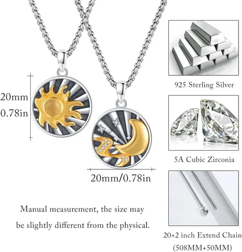 Vista 5 de XIXLES Yin Yang - Collar de plata de ley 925 con luna y sol a juego para parejas, para 2 amistades, mejores amigos, parejas, familiares