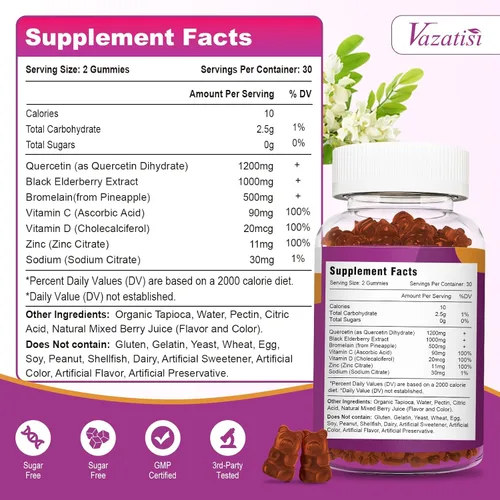 Vista 2 de Gomitas de quercetina, quercetina con vitamina C, zinc, bromelina, saúco y vitamina D, apoyo inmunológico para adultos y niños, mujeres y hombres