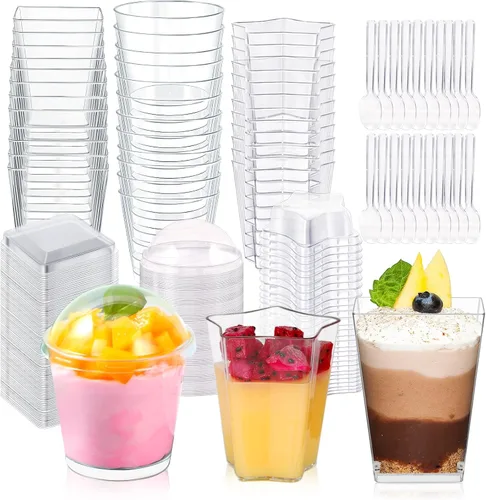 Vista 8 de Paquete de 360 tazas de postre de 5 onzas y 6 onzas con tapas y cucharas, 3 estilos de vasos de plástico transparente para aperitivos, desechables