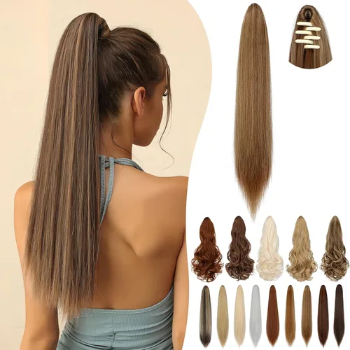Vista 33 de Extensión de cola de caballo de 18 pulgadas, 20 pulgadas, larga, rizada, ondulada, recta, con clip, de aspecto natural, extensión de cabello