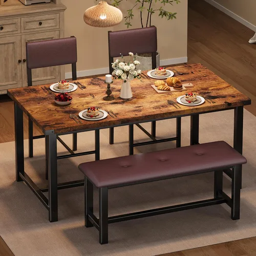 Vista 8 de Juego de mesa de comedor de madera Garvee para 4, mesa de cocina y 2 sillas tapizadas con banco, juego de comedor rectangular, para espacios Mármol