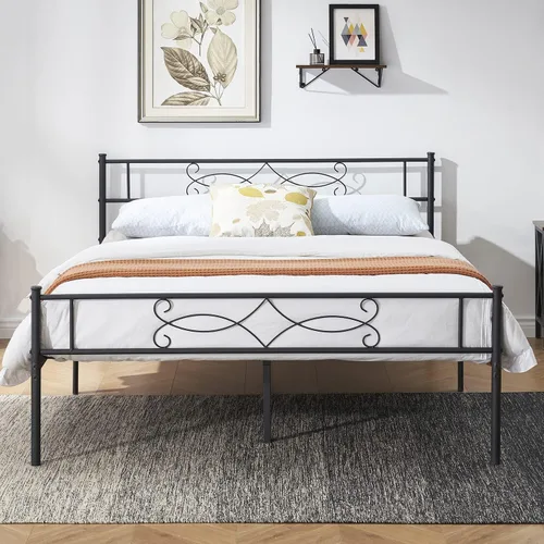 Vista 4 de VECELO Base de cama de tamaño matrimonial con plataforma de metal, base de colchón con cabecero, soporte de listones de acero, no necesita somier