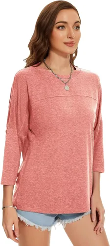 Vista 124 de ZENNILO Camisetas casuales de manga 3/4 para mujer, holgadas, cuello redondo, lindas camisetas básicas