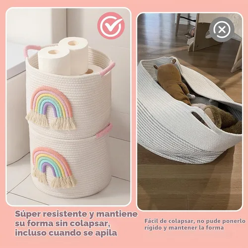 Vista 7 de Cestas de almacenamiento de juguetes cesta de almacenamiento de cuerda de algodón tejida con decoración de arco iris para niños, cestas de manta